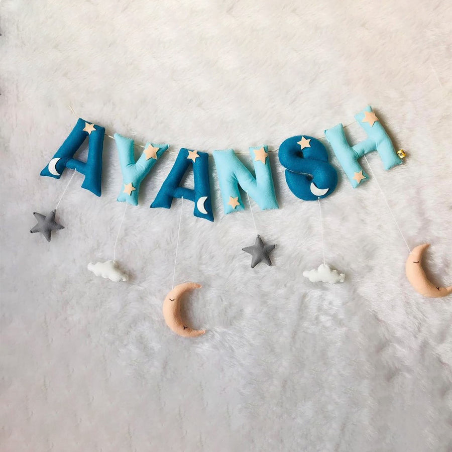 Handcrafted Personalized Sky Themed Bunting For Kids - Name Personalization Example Hanging
