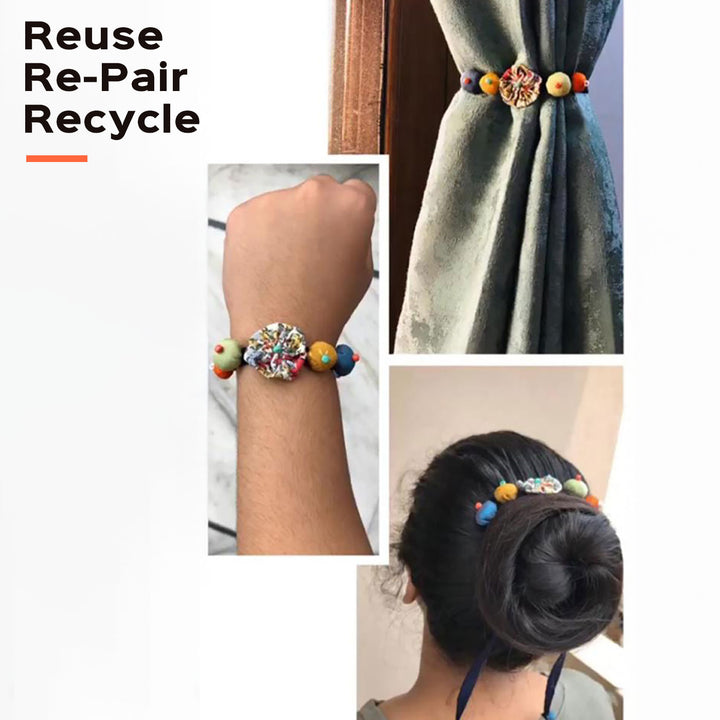 Handmade Beaded Shell Design Upcycled Fabric Rakhi With Roli Chawal For Brother - Usage example on wrist and hair