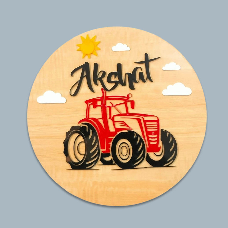 Personalized Tractor Triumph Theme Acrylic Kids Name Plate - Front View with Name Personalization