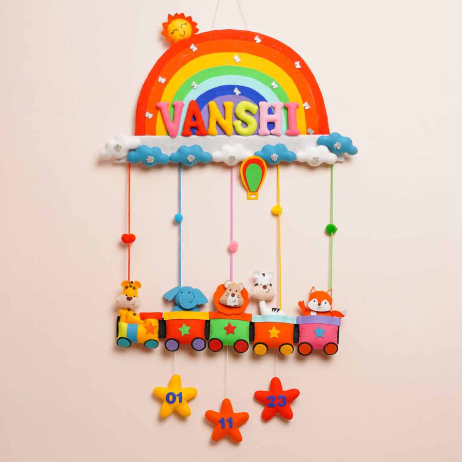 Personalized Rainbow Animal Train Theme Felt Kids Name Plate - Hanging Personalized Name Display