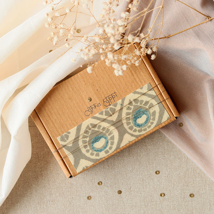 Handmade Reusable Gold Beads And Gathered Upcycled Fabric Rakhi With Roli Chawal For Brother Set Of 3 - Decorative Packaging Box Shot