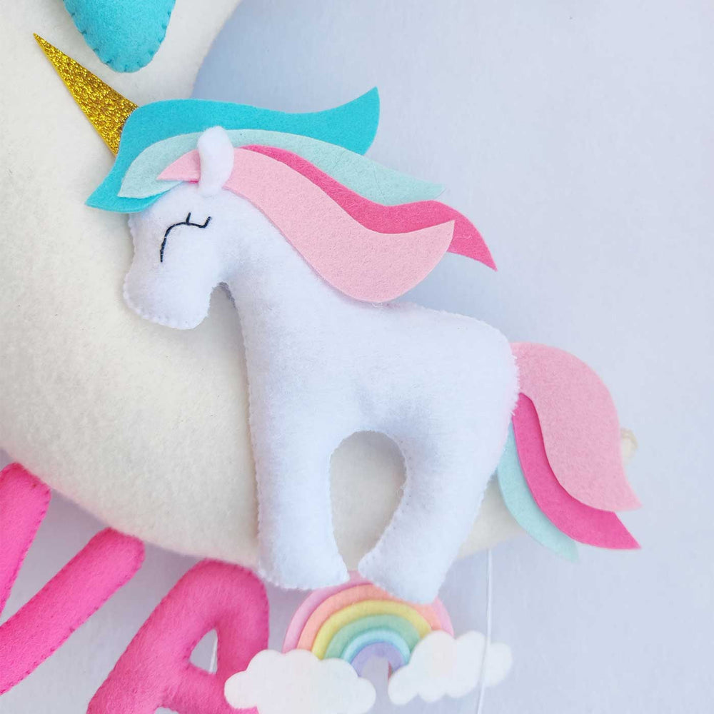 Handmade Personalized Felt Kids Name Hanging Unicorn On The Moon 1 - Close-up of Hanging Felt Ornament