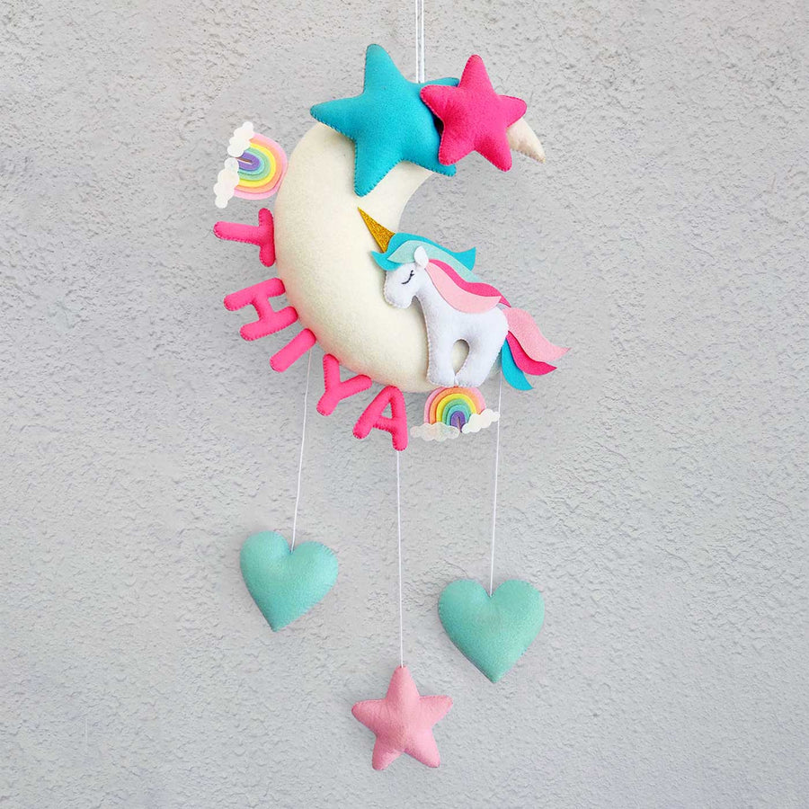 Handmade Personalized Felt Kids Name Hanging Unicorn On The Moon 1 - Front View Hanging Display