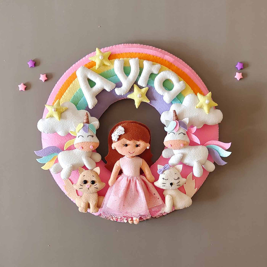 Hand Stitched Pastel Rainbow Unicorn Kitten Themed Round Felt Kids Name Plate For Girls - Front View with Name Personalization