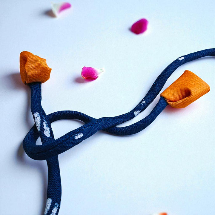 Handmade Blue Zig Zag Upcycled Fabric Rakhi With Roli Chawal For Brother - Detail of Fabric Ends