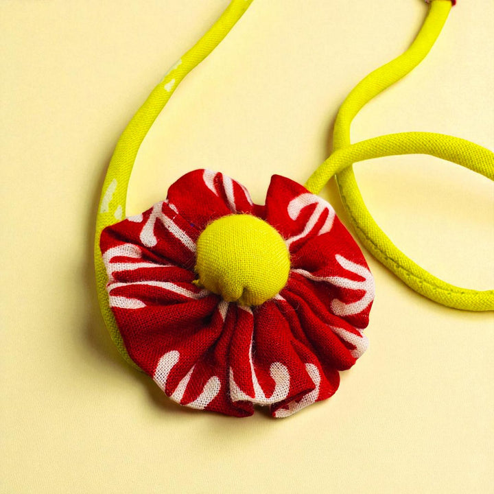 Handmade Flower Design Upcycled Fabric Rakhi With Roli Chawal For Brother - Close-up of Ruffled Flower Detail