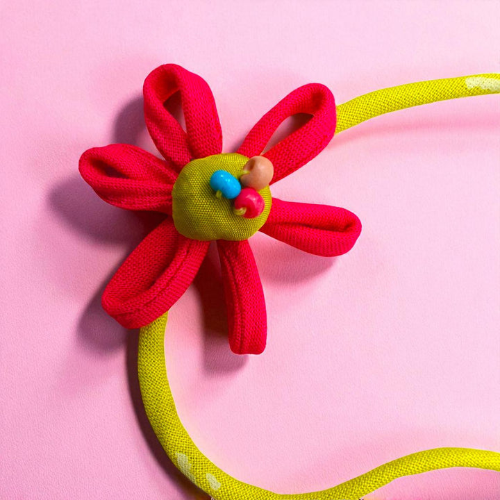 Handmade Beaded Pink Petal Flower Design Upcycled Fabric Rakhi With Roli Chawal For Brother - Close-up of Floral Detail