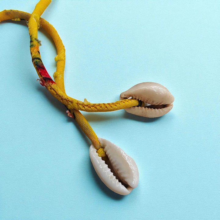 Handmade Beaded Pink And Yellow Upcycled Fabric Rakhi With Roli Chawal For Brother - Close-up of Shell Ends