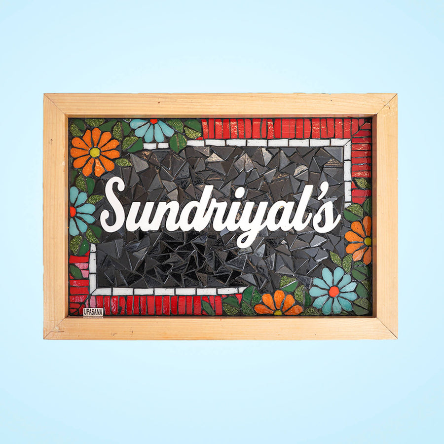 Handcrafted Mosaic Personalized Name Plate With Wooden Frame 3 - Front View on Blue Background