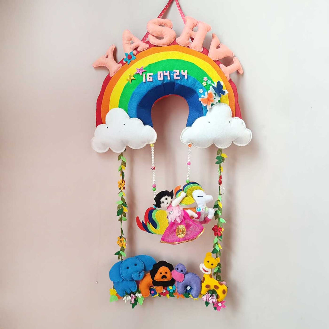 Personalized Unicorn And Rainbow Theme Felt Kids Name Plate - Front View Hanging from Ribbon