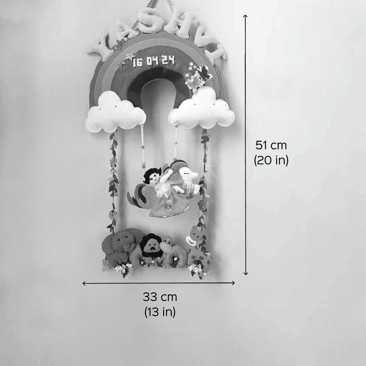 Personalized Unicorn And Rainbow Theme Felt Kids Name Plate - Front View with Dimensions