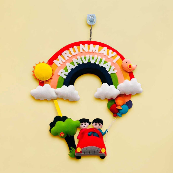 Personalized Car & Rainbow Theme Felt Kids Name Plate For Siblings