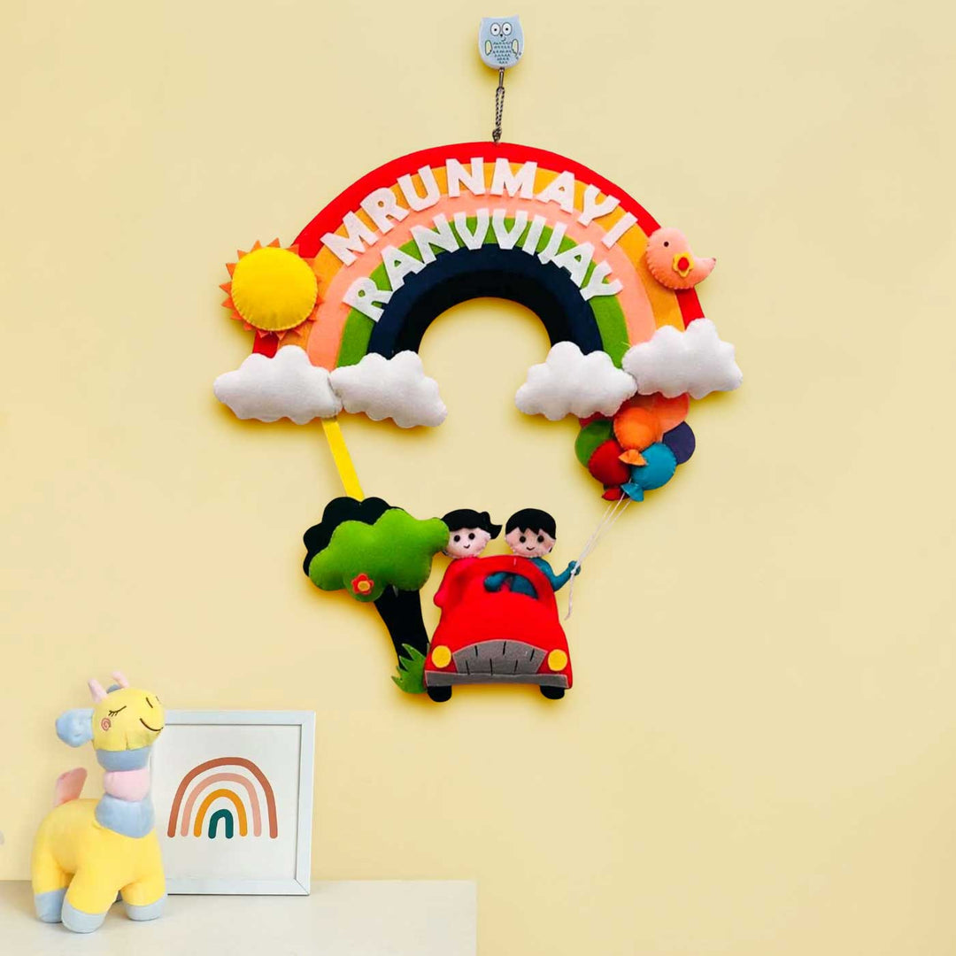 Personalized Car & Rainbow Theme Felt Kids Name Plate For Siblings