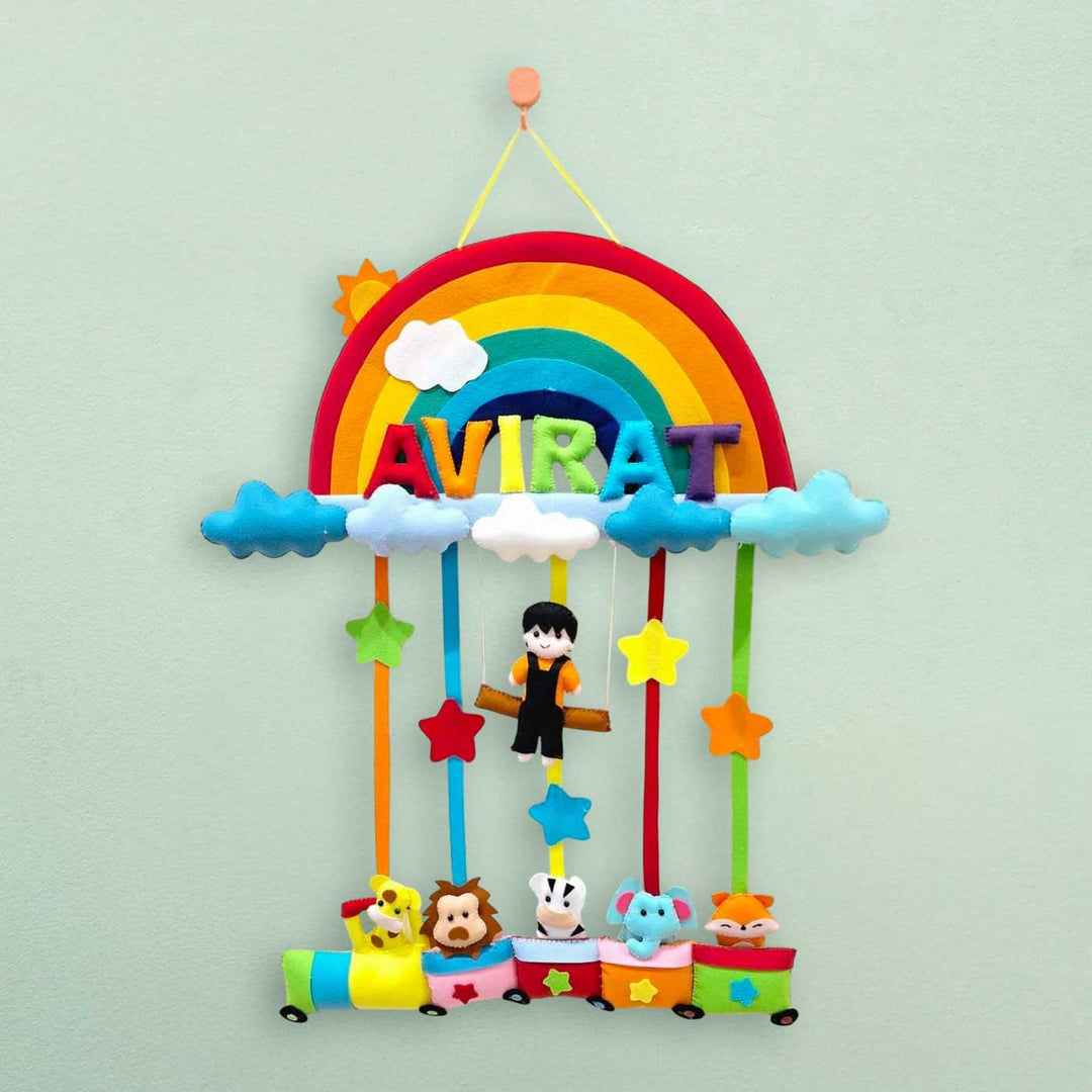 Personalized Rainbow Theme Animal Train Felt Kids Name Plate