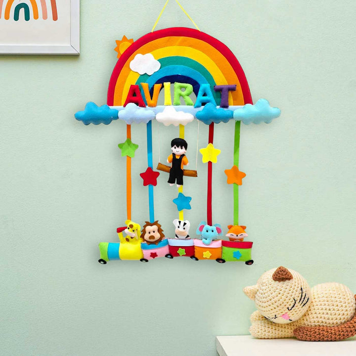 Personalized Rainbow Theme Animal Train Felt Kids Name Plate