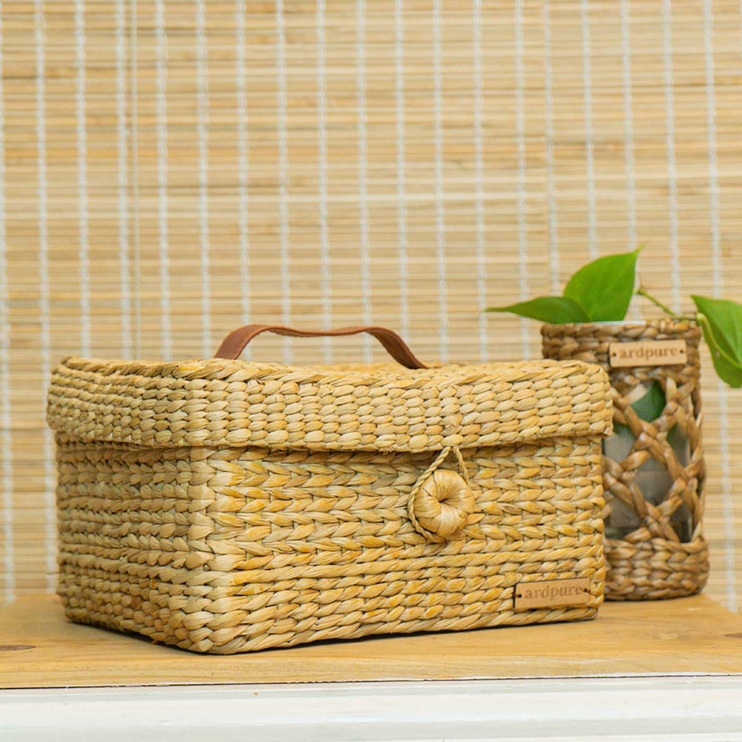 Handmade Water Reed Storage Box with Leather Handle