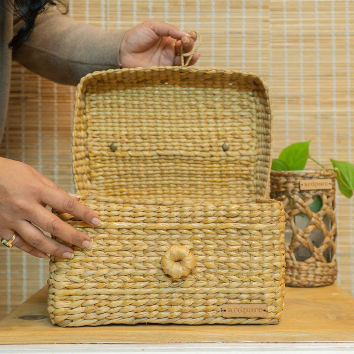 Handmade Water Reed Storage Box with Leather Handle
