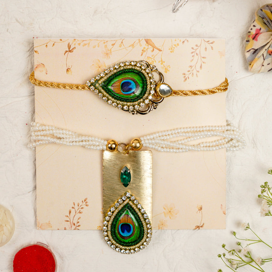 Peacock Pearm And Dori Bracelet Rakhi With Roli Chawal For Bhaiya And Bhabhi - Paired Bracelet Set Display