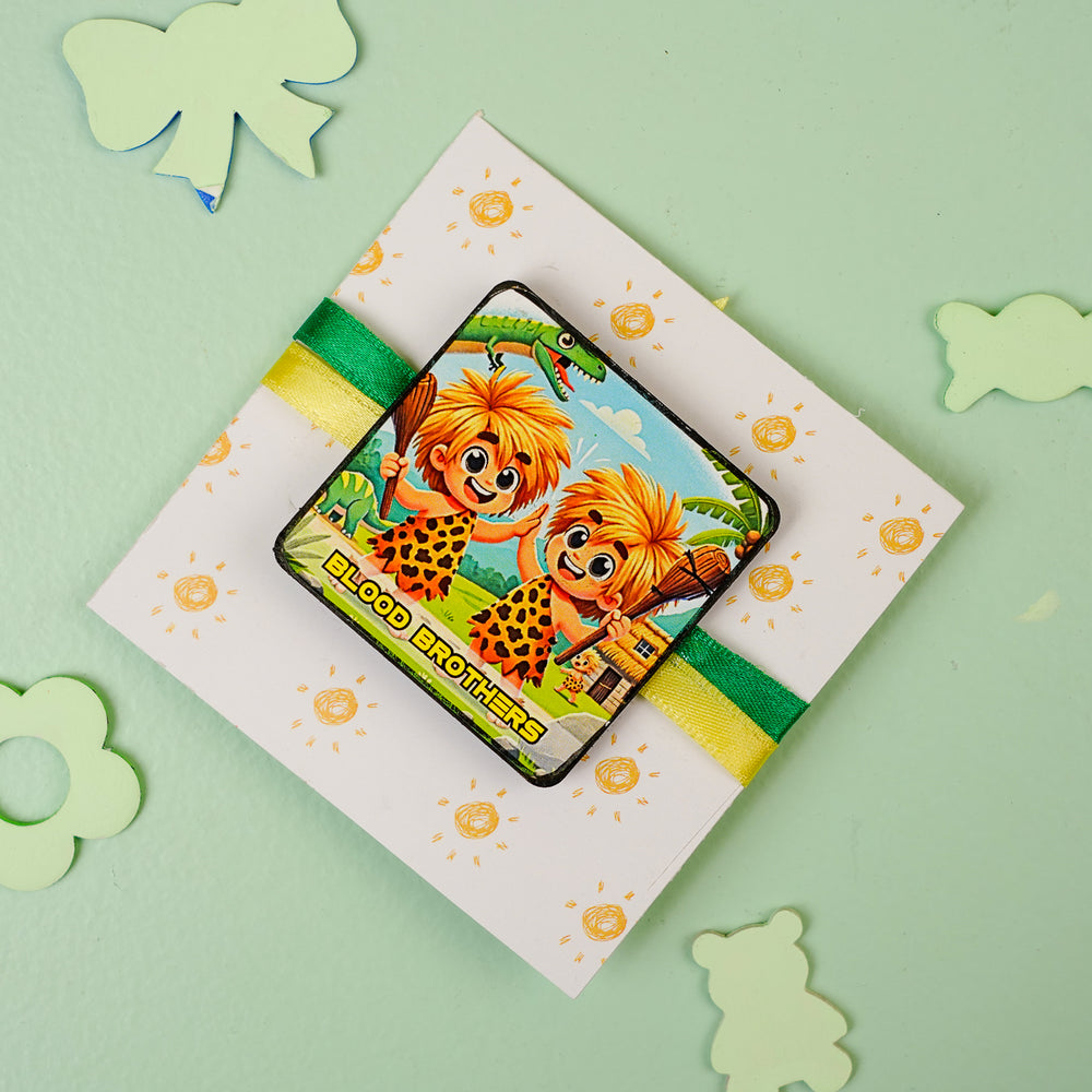 Handmade Reusable Blood Brothers Mdf Wood Rakhi With Roli Chawal For Brother - Flat Lay with Packaging