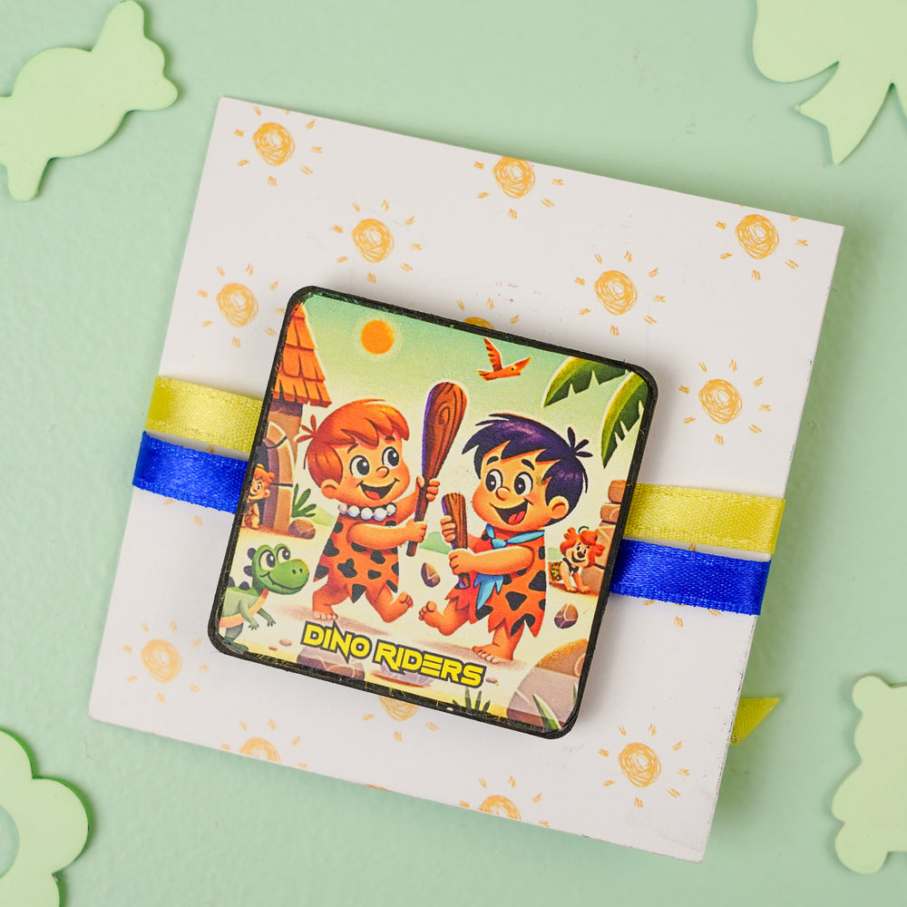 Handmade Reusable Dino Riders Mdf Wood Rakhi With Roli Chawal For Siblings - Mounted on Gift Card