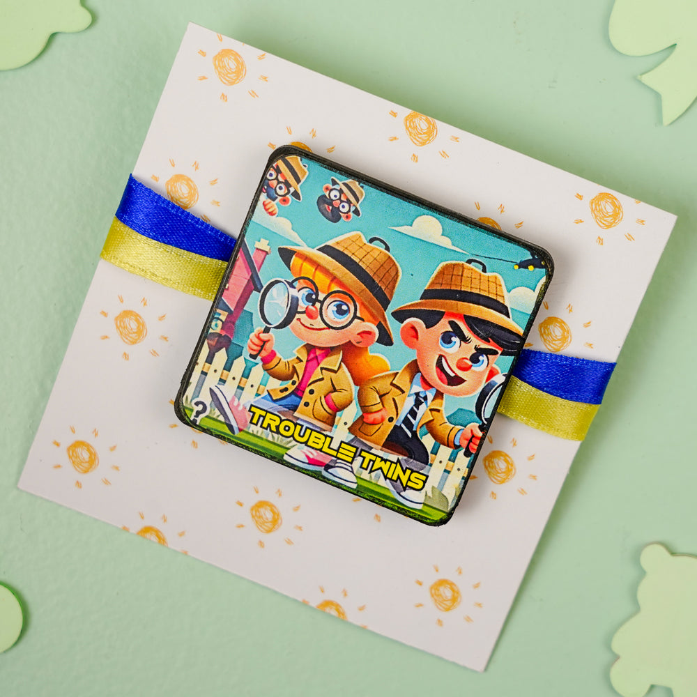 Trouble Twins Reusable Mdf Wood Rakhi With Roli Chawal For Siblings - Front View on Gift Card