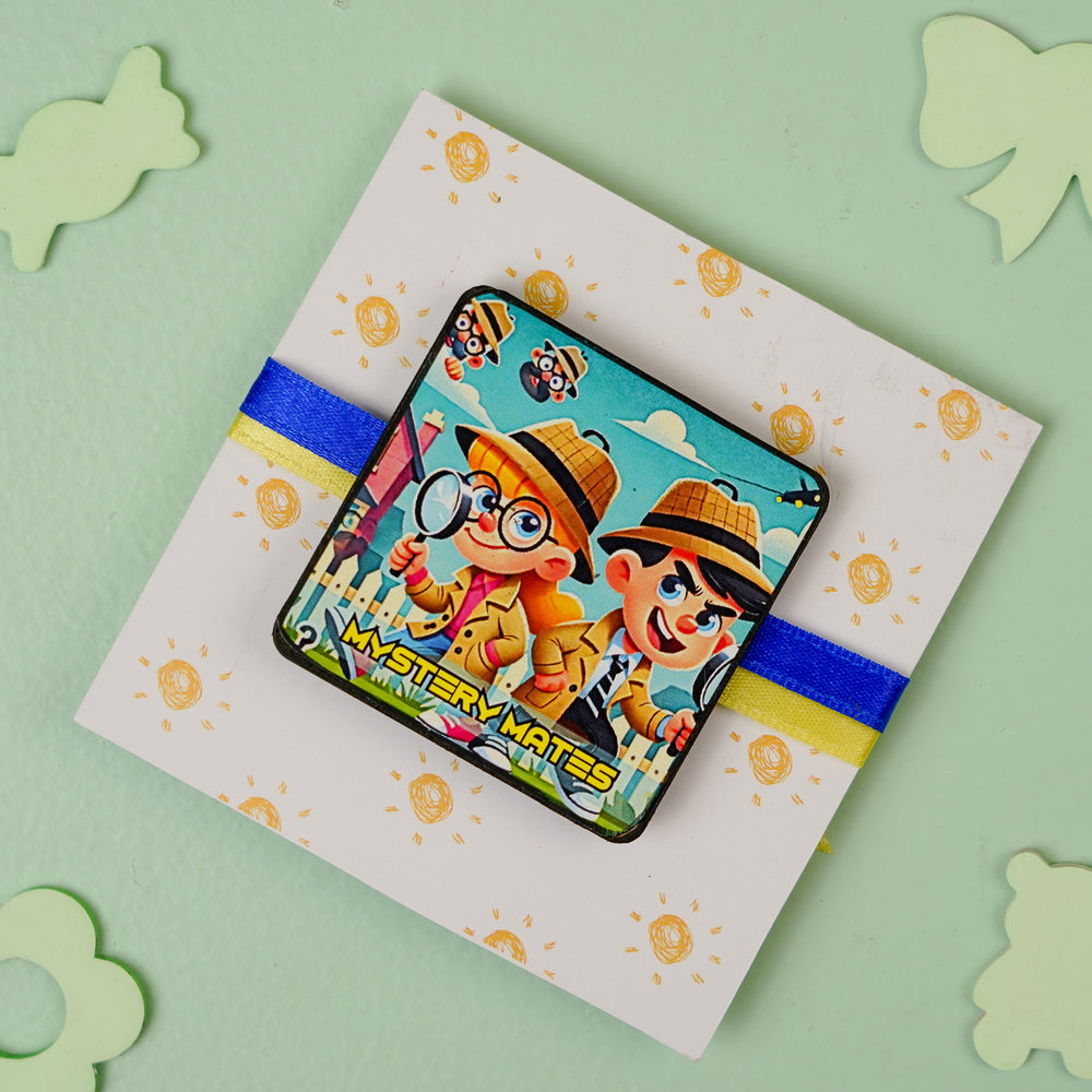 Handmade Reusable Mystery Mates Mdf Wood Rakhi With Roli Chawal For Siblings - Front View with Packaging