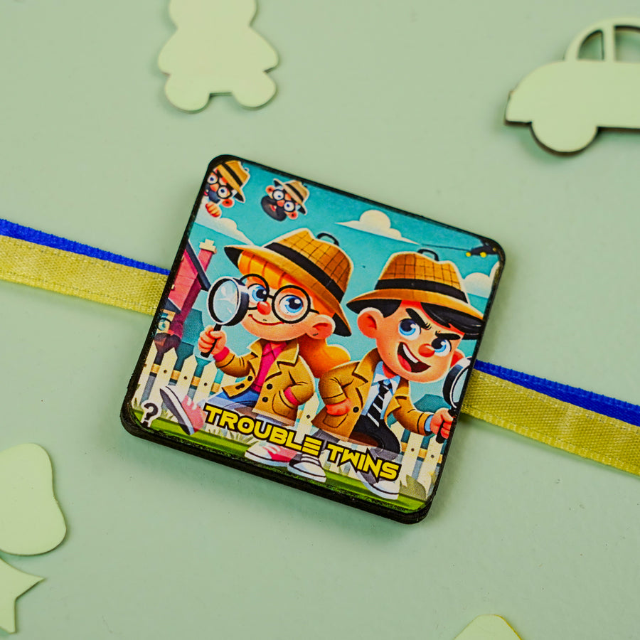 Trouble Twins Reusable Mdf Wood Rakhi With Roli Chawal For Siblings - Front View