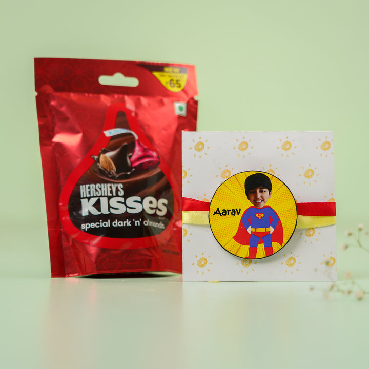 Photo Personalized Handmade Reusable Caricature Superman Mdf Wood Kids Rakhi With Roli Chawal - Badge and gift packaging