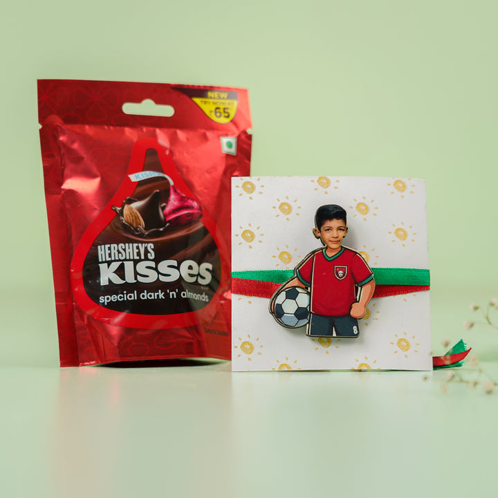 Photo Personalized Handmade Reusable Caricature Football Mdf Wood Kids Rakhi With Roli Chawal 1 - Product and Packaging Together