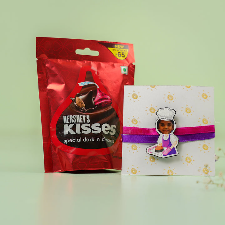 Photo Personalized Handmade Reusable Caricature Girl Chef Mdf Wood Kids Rakhi With Roli Chawal - Gift Set with Chocolate and Charm