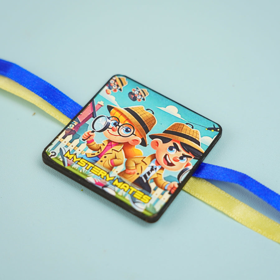 Handmade Reusable Mystery Mates Mdf Wood Rakhi With Roli Chawal For Siblings - Close-up Front View