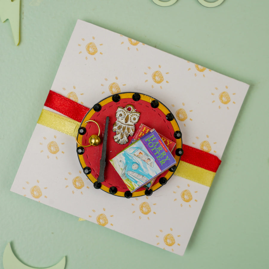 Handmade Harry Potter 3D Elements Mdf Wood Kids Rakhi With Roli Chawal - Front View Showing Full Product