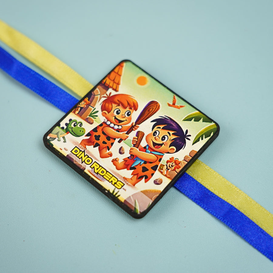 Handmade Reusable Dino Riders Mdf Wood Rakhi With Roli Chawal For Siblings - Front View with Ribbon