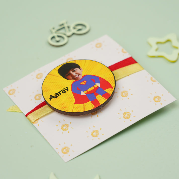 Photo Personalized Handmade Reusable Caricature Superman Mdf Wood Kids Rakhi With Roli Chawal - Badge on decorated card