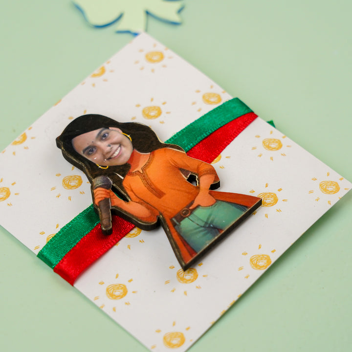 Photo Personalized Handmade Reusable Caricature Singing Star Mdf Wood Rakhi With Roli Chawal For Bhabhi - Angled Pin Brooch on Gift Card