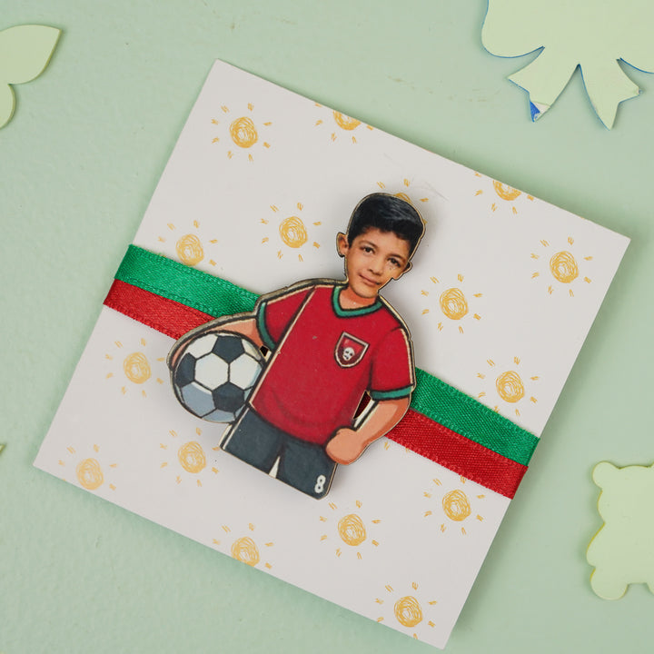 Photo Personalized Handmade Reusable Caricature Football Mdf Wood Kids Rakhi With Roli Chawal 1 - Front View on Decorative Card