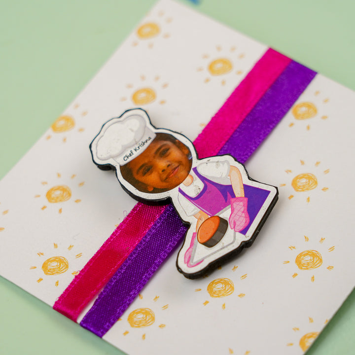 Photo Personalized Handmade Reusable Caricature Girl Chef Mdf Wood Kids Rakhi With Roli Chawal - Ribbon Detail with Chef Character Charm