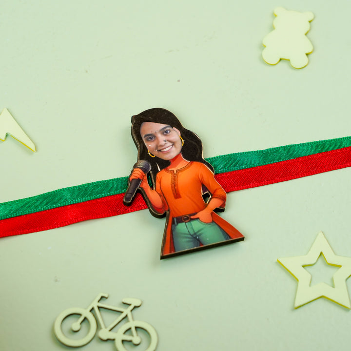 Photo Personalized Handmade Reusable Caricature Singing Star Mdf Wood Rakhi With Roli Chawal For Bhabhi - Pin Brooch with Ribbon Background
