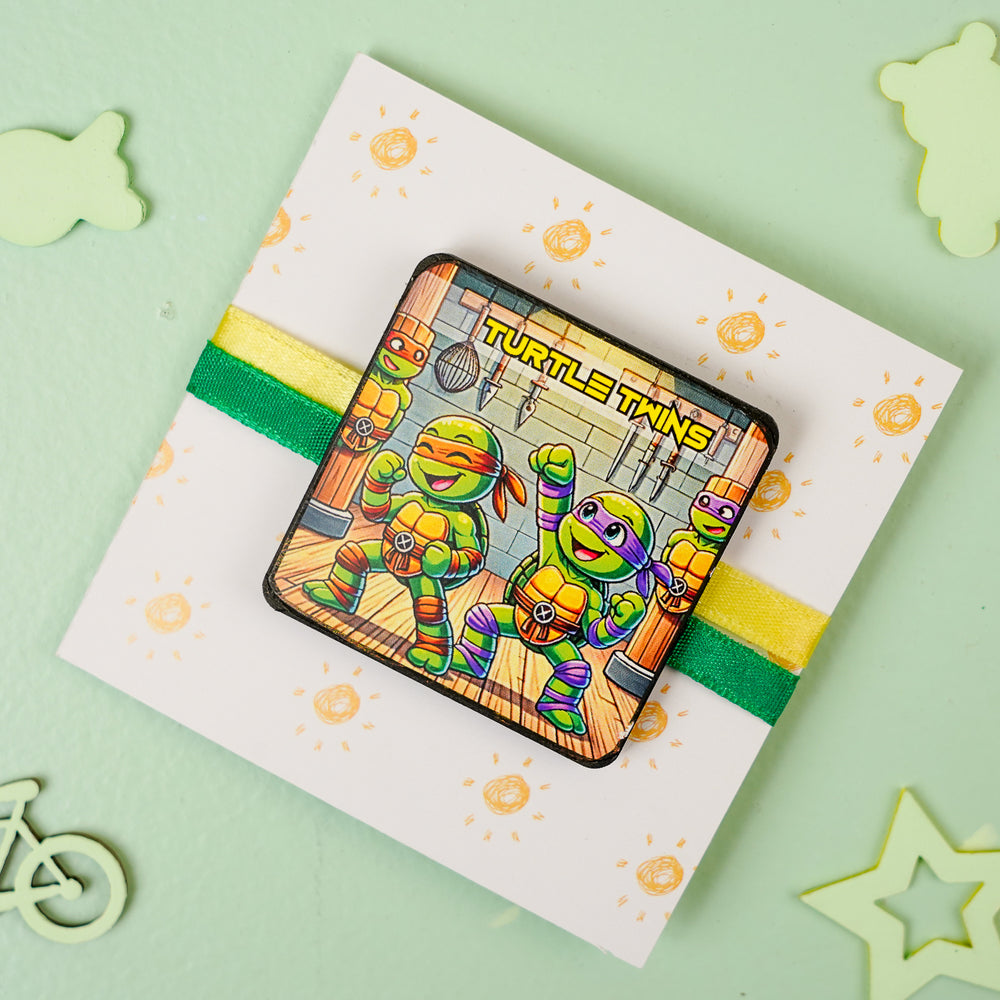 Handmade Reusable Turtle Twins Mdf Wood Rakhi With Roli Chawal For Siblings - Product on gift card