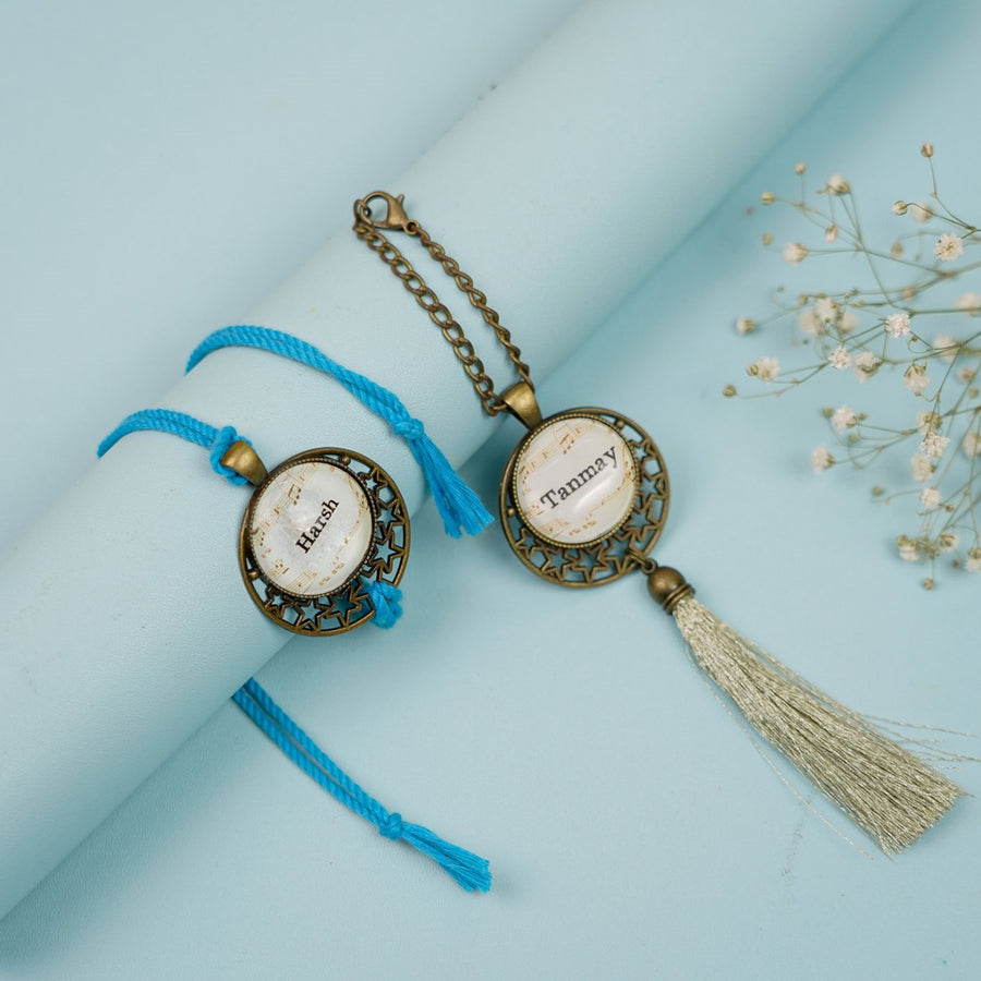 Photo Personalized Reusable Antique Bhaiya Bhabhi Rakhi With Roli Chawal Set Of 2 Copy - Two Bracelets Displayed Together