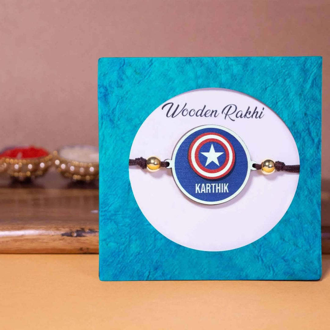 Personalized Handmade Captian America Wooden Kids Rakhi With Roli Chawal - Packaged Rakhi in Gift Box