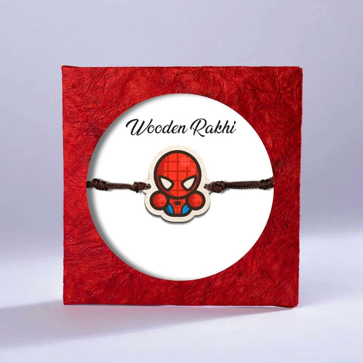 Handmade Spiderman Chibi Wooden Kids Rakhi With Roli Chawal - Packaged Gift Box View