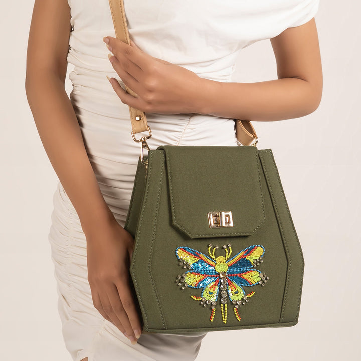 Embroidered Butterfly Motif Olive Green Sling Bag