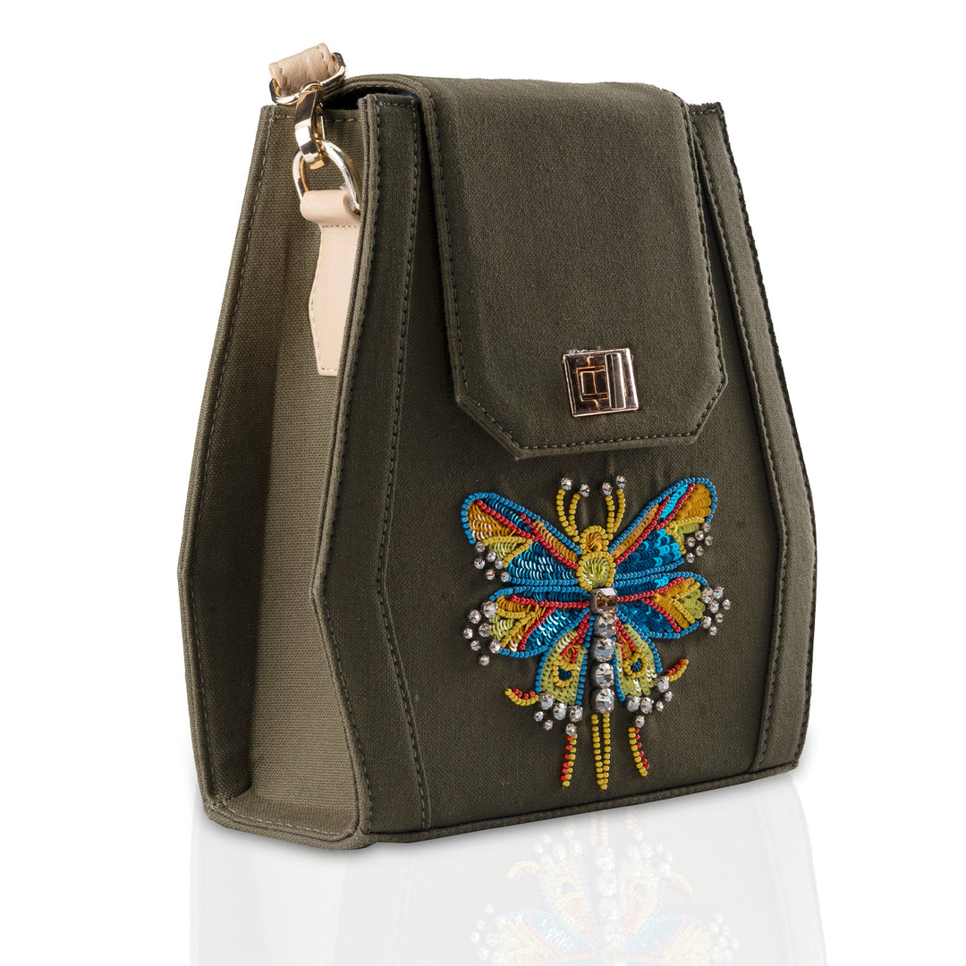 Embroidered Butterfly Motif Olive Green Sling Bag