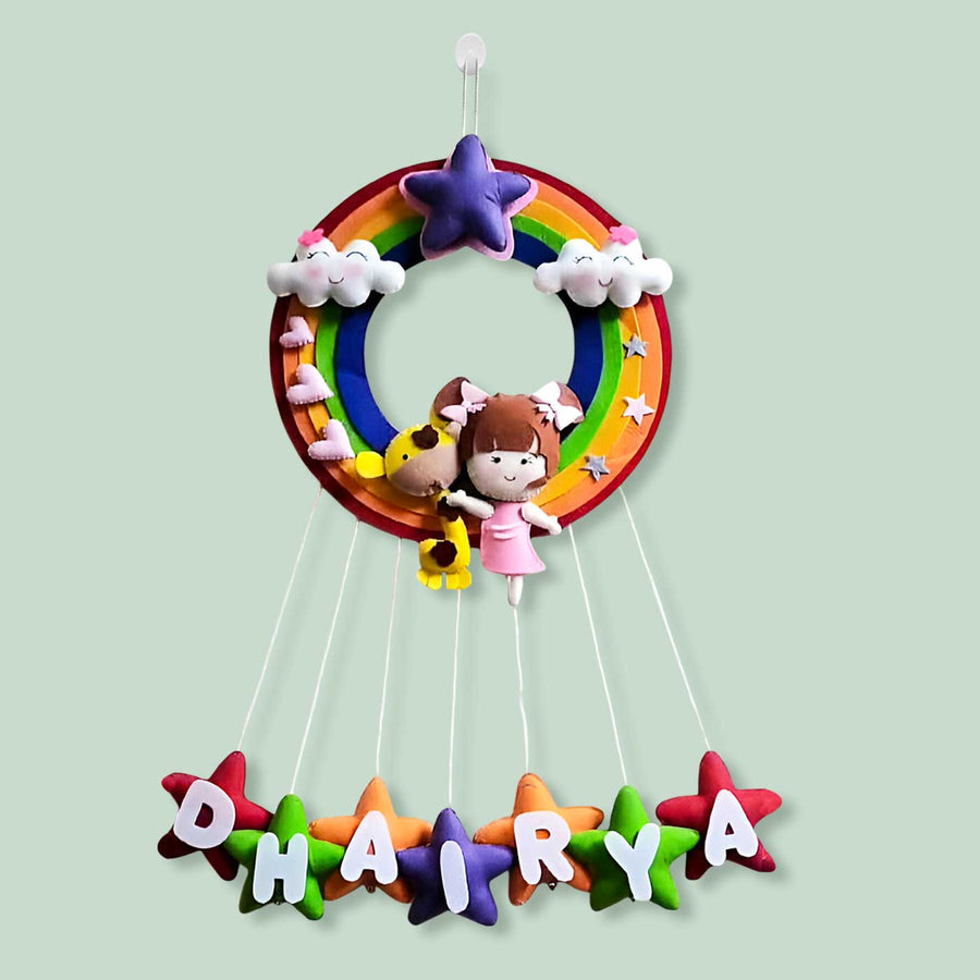 Personalized Rainbow Theme Felt Kids Name Plate 1 - Hanging View with Name Personalization