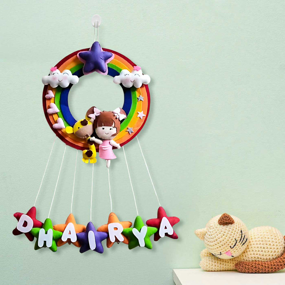 Personalized Rainbow Theme Felt Kids Name Plate 1 - Hanging on Wall with Name Display