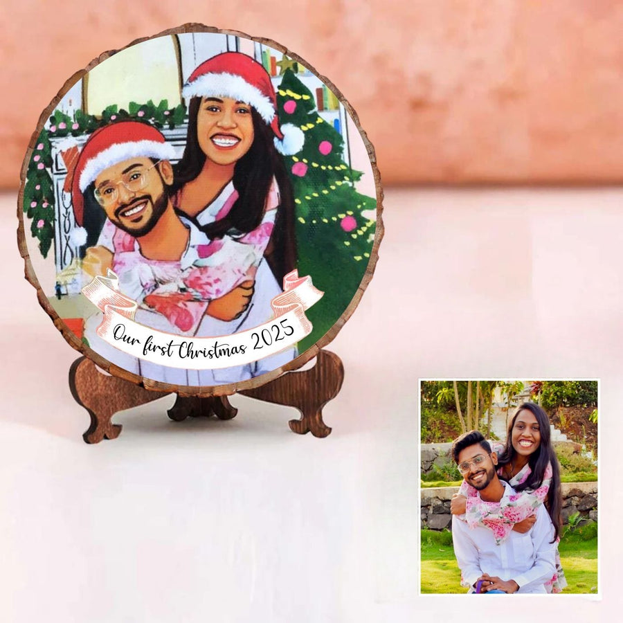 Photo Caricature Bark Nameplate With Stand For Christmas - Photo to Personalized Wood Plaque Example