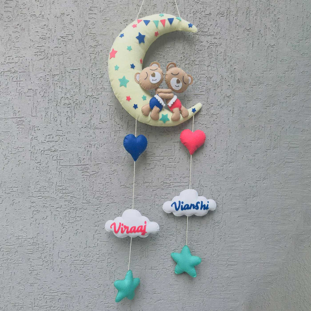 Personalized Handmade Yellow Moon Felt Name Plate For Siblings - Hanging with Name Personalization Example