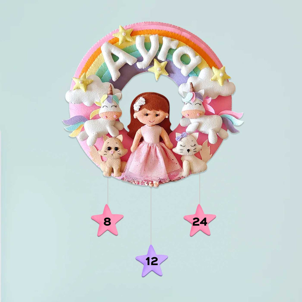 Hand Stitched Pastel Rainbow Unicorn Kitten Themed Round Felt Kids Name Plate For Girls - Front View Hanging Display