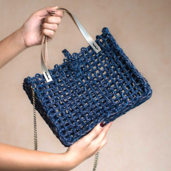 Handmade Grass Woven Boxed Metal Chain Strap Blue Sabai Mesh Sling Bag